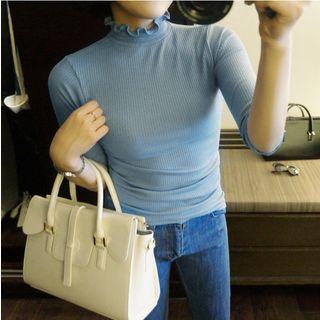 Elbow-sleeve Frilled Mock-neck Top