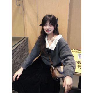 V-neck Two-tone Knit Sweater Gray - One Size