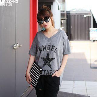 V-neck Lettering Star Print T-shirt
