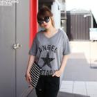 V-neck Lettering Star Print T-shirt