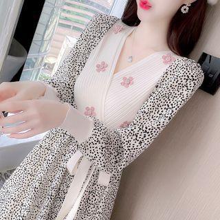 Long-sleeve Floral-accent Dotted Midi A-line Dress