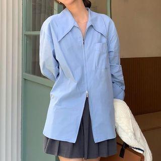Long-sleeve Zip-up Plain Shirt