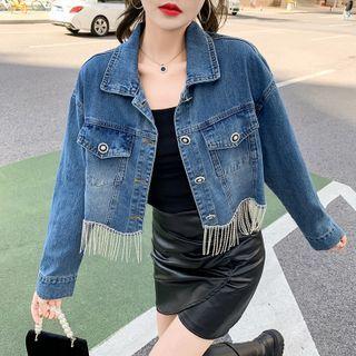 Rhinestone Fringed Denim Cropped Jacket