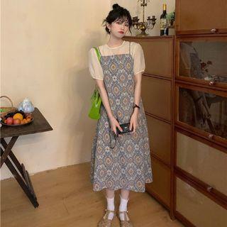Puff-sleeve Top / Floral Print Midi A-line Overall Dress