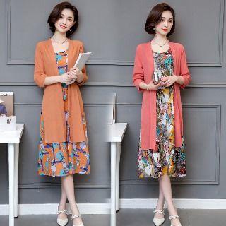 Set: Long Cardigan + Printed Dress