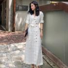 Checked Single-breasted 3/4-sleeve Midi A-line Dress White - One Size