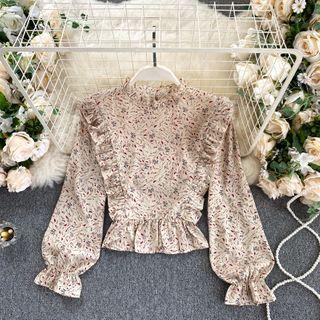 Floral Ruffle Collar Long-sleeve Top
