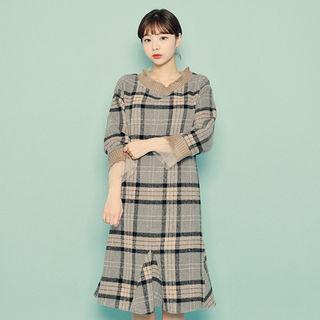 Pleated-trim Checked Midi Knit Dress