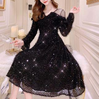 Mesh Panel Fringed Long-sleeve Midi A-line Dress
