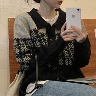 Collared Snowflake Print Cardigan