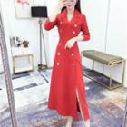 3/4-sleeve Double-breasted Midi A-line Coat Dress