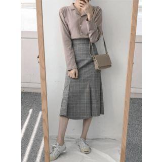 Pleated-hem Glen-plaid Long Skirt