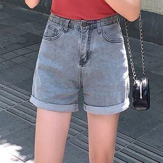High-waist Roll-up Denim Straight-cut Shorts