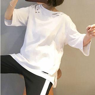 Lettering Applique Back 3/4 Sleeve T-shirt