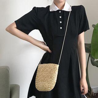 Short-sleeve Mini A-line Collared Dress Black - One Size