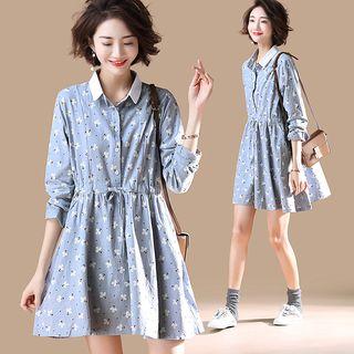 Long-sleeve Patterned A-line Mini Shirt Dress