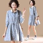 Long-sleeve Patterned A-line Mini Shirt Dress