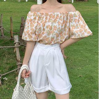 Floral Print Off Shoulder Top / Wide Leg Shorts