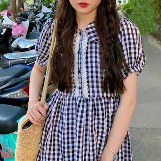 Puff-sleeve Gingham Midi A-line Dress Black & White - One Size