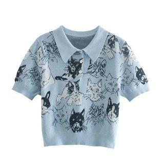 Short Sleeve Cat Print Knitted Crop Top