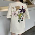Elbow-sleeve Floral Print Long T-shirt Almond - One Size