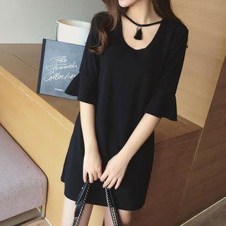 Flounced Elbow-sleeve Shift Dress