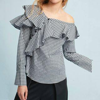 One Shoulder Ruffle Trim Plaid Blouse