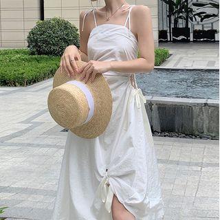 Spaghetti Strap Asymmetrical Cutout Ribbon Accent Midi Dress