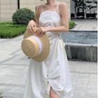 Spaghetti Strap Asymmetrical Cutout Ribbon Accent Midi Dress