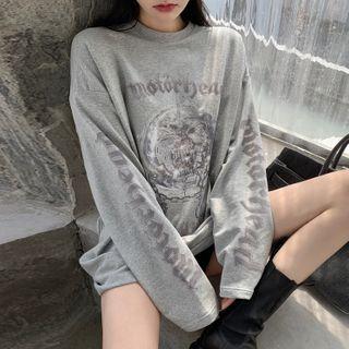 Lettering Print Long-sleeve T-shirt Gray - One Size
