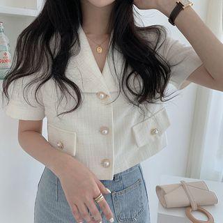 Faux-pearl Button Short-sleeve Blazer As Shown In Figure - One Size