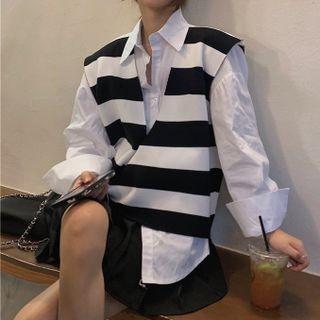 Plain Long-sleeve Shirt / V-neck Striped Knit Vest