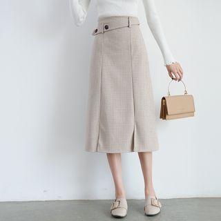 Slit-side Houndstooth Woolen Skirt