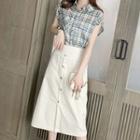Set: Short-sleeve Plaid Shirt + Midi A-line Skirt