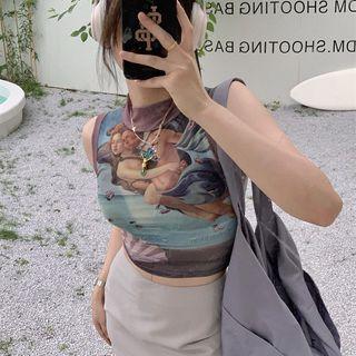 Printed Tank Top Print - Gray & Light Blue - One Size