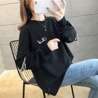 Lettering Cut-out Fringed Pullover