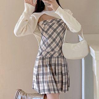 Asymmetrical Cropped Sweater / Spaghetti Strap Plaid Mini A-line Dress