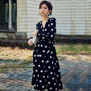 Long-sleeve Polka Dot Midi Chiffon Dress