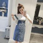 Set: Elbow-sleeve Lace Top + Denim Mini Jumper Dress As Shown In Figure - One Size