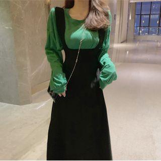 Long-sleeve T-shirt / Midi A-line Suspender Skirt