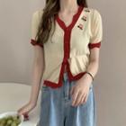 Short-sleeve Button Up Knit Top Red & Beige - One Size