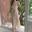Puff-sleeve Square-neck Midi A-line Pleated Dress