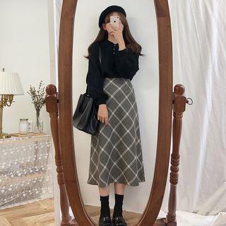 Polo Sweater / Plaid Midi A-line Skirt / Set