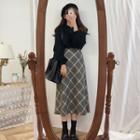 Polo Sweater / Plaid Midi A-line Skirt / Set
