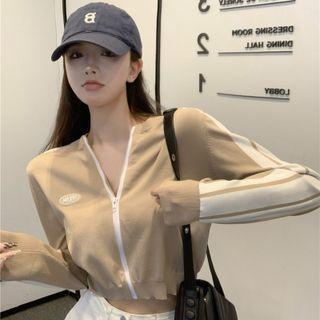 Striped Zip Cropped Cardigan Khaki - One Size