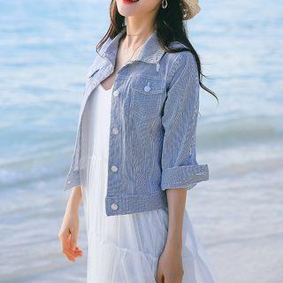 3/4-sleeve Striped Shirt Jacket