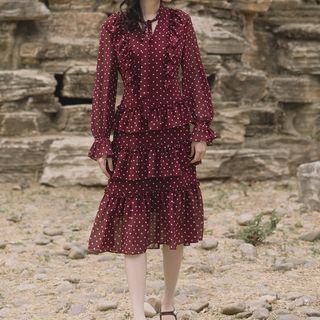 Long-sleeve Dotted Ruffled Midi Tiered Dress