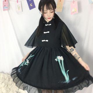 Elbow-sleeve Frog-button Print A-line Dress