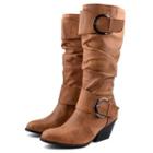 Faux Leather Buckled Block-heel Tall Boots