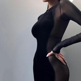 Long-sleeve Sheer Midi Sheath Dress